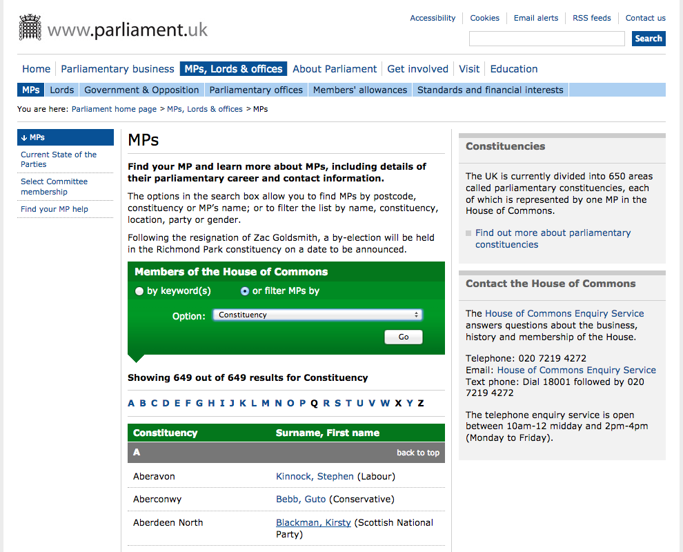 Screenshot of the UK House of Commons website